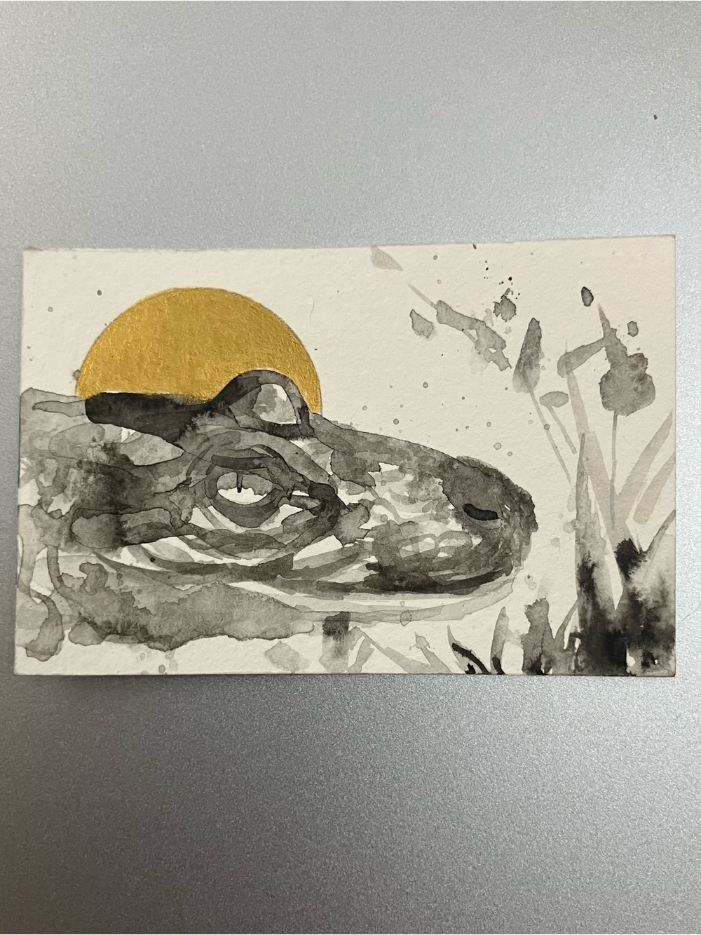 Original crocodile miniature realism painting reptile art sumi-e style Ettina